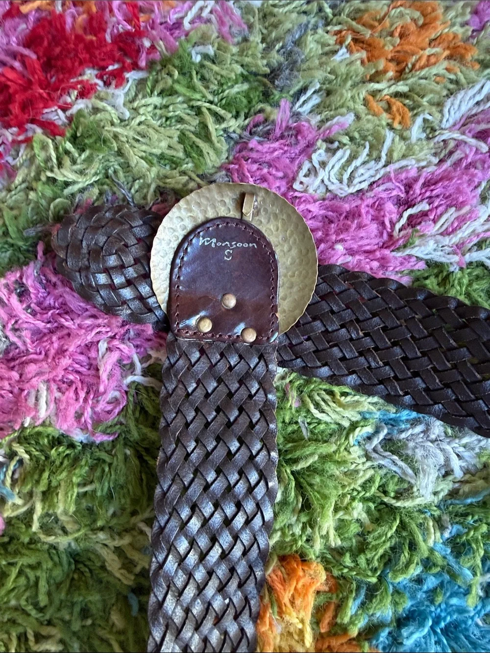 Anthropologie Y2K Monsoon Braided Brown Leather Belt with Hammered Brass Buckle